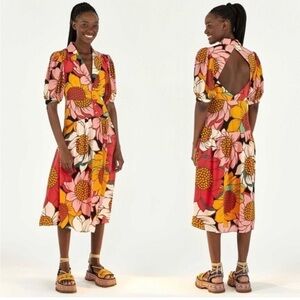 NWT Farm Rio Colorful Sunflowers Cut Out Back Collared Midi Dress S